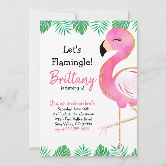 Laten we Flamingle Party Invitation, Flamingo Glit Kaart (Achterkant)