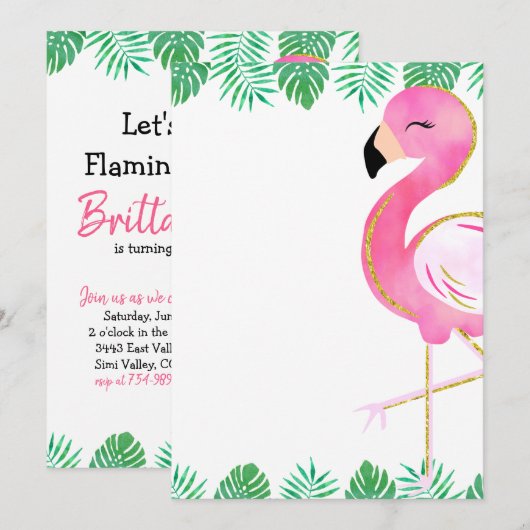 Laten we Flamingle Party Invitation, Flamingo Glit Kaart (Voorkant / Achterkant)