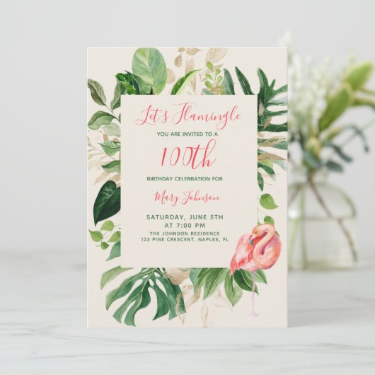 Laten we Flamingle Pink 100th Tropical Birthday Pa Kaart (Staand voorkant)