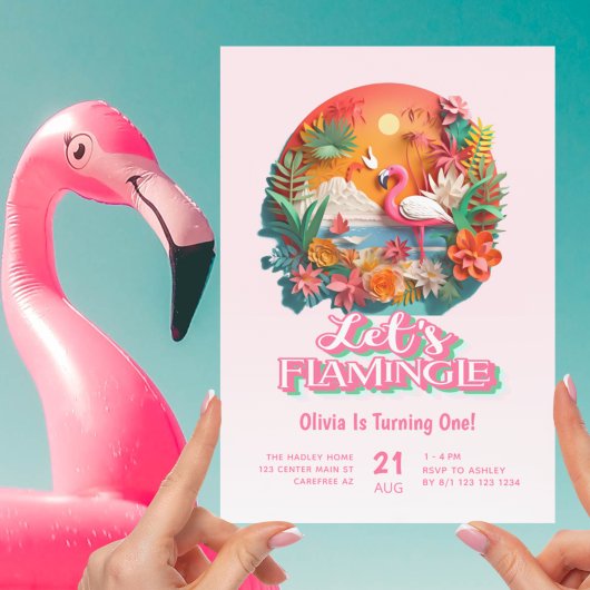 Laten we flamingle roze 1e verjaardag kaart