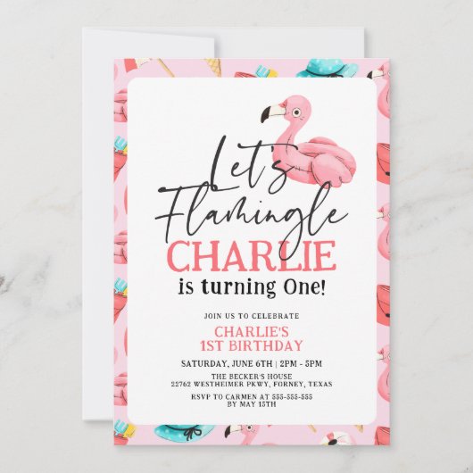 Laten we Flamingle Roze Flamingo Meisje 1e Verjaar Kaart (Voorkant)