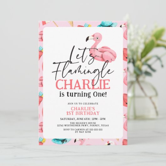 Laten we Flamingle Roze Flamingo Meisje 1e Verjaar Kaart (Staand voorkant)