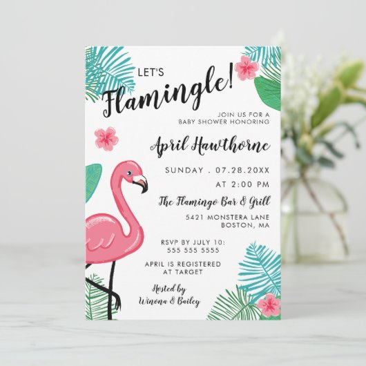 Laten we Flamingle! Roze wit tropisch Baby shower Kaart (Staand voorkant)