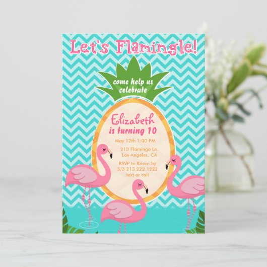 Laten we Flamingle Tropical Birthday Invitation Kaart (Staand voorkant)