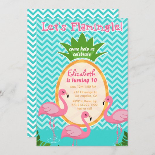 Laten we Flamingle Tropical Birthday Invitation Kaart (Voorkant / Achterkant)