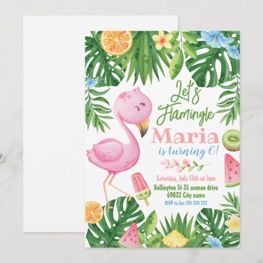 Laten we Flamingle Tropisch Fruit Flamingo Verjaar Kaart (Voorkant / Achterkant)