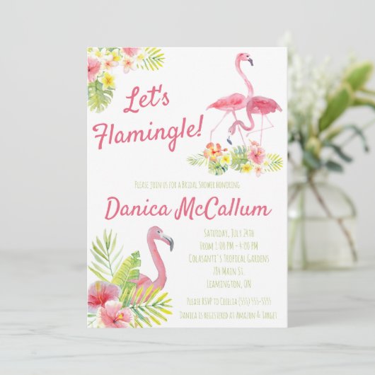 Laten we Flamingle! Tropisch gethemd Vrijgezellenf Kaart (Staand voorkant)