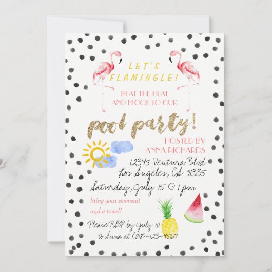 Laten we Flamingle! Uitnodiging voor poolpartijen (Voorkant)