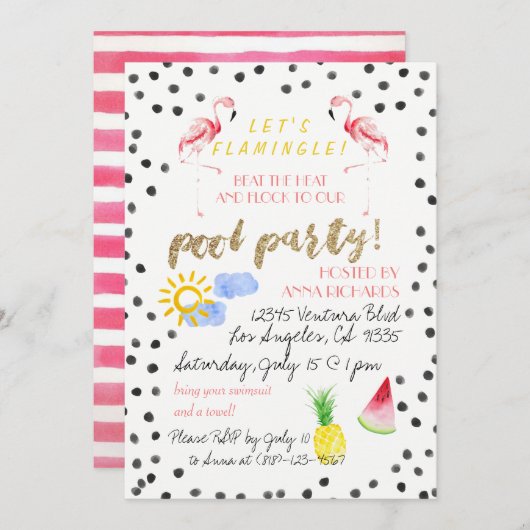 Laten we Flamingle! Uitnodiging voor poolpartijen (Voorkant / Achterkant)