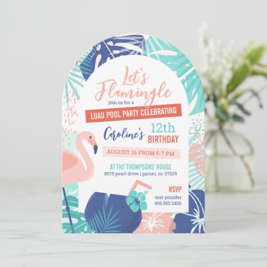 Laten we Flamingle Verjaardag Luau Pool Party Kaart (Staand voorkant)
