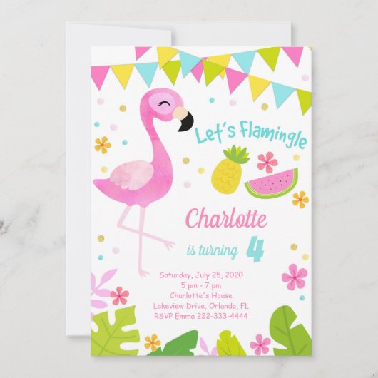 Laten we Flamingo Verjaardag uitnodiging (Voorkant)