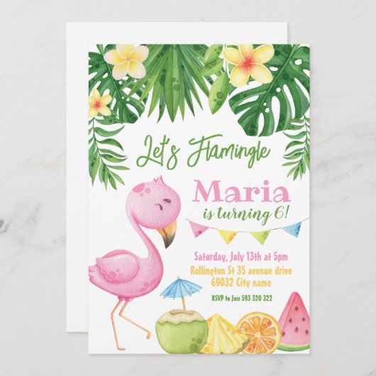 Laten we Flamingo Verjaardag uitnodiging (Voorkant / Achterkant)