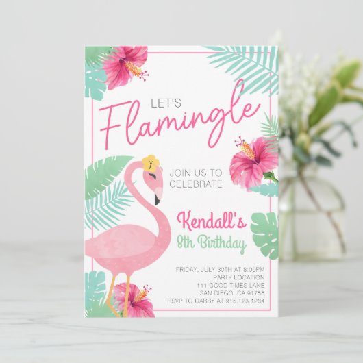 Laten we Flamingo Verjaardagsfeestuitnodiging Kaart (Staand voorkant)