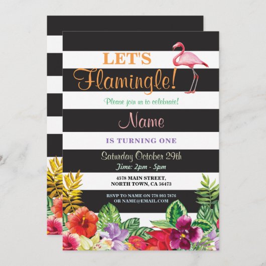 Laten we flamingo's van elke leeftijd uitnodigen 1 kaart (Voorkant / Achterkant)