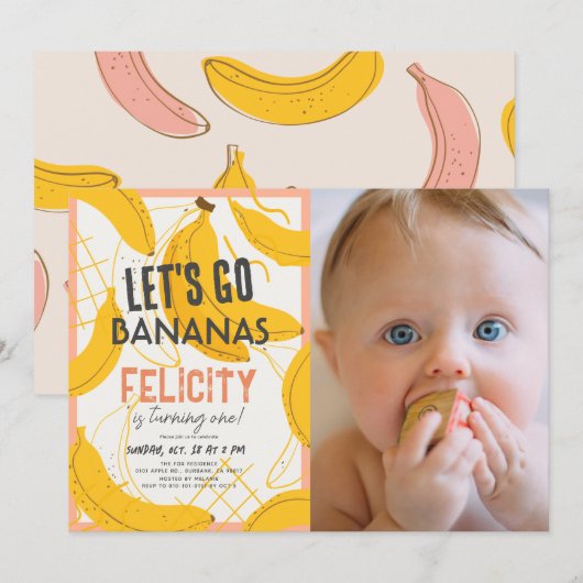 Laten we gaan bananen geel & roze 1e verjaardag fo kaart (Voorkant / Achterkant)