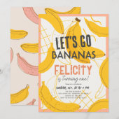 Laten we gaan bananen geel & roze 1e verjaardag kaart (Voorkant / Achterkant)