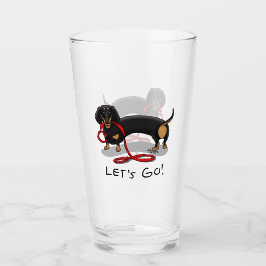 Laten we gaan! Dachshund Dog (zwart en geel) grapp Glas (Voorkant)