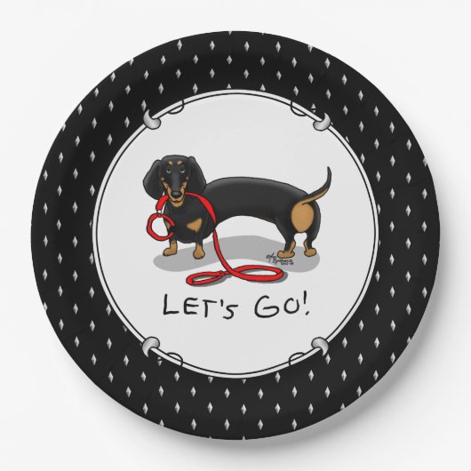 Laten we gaan! Dachshund Dog (zwart en geel) grapp Papieren Bordje (Voorkant)
