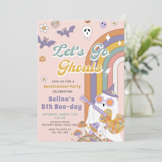 Laten we gaan Ghouls Groovy Halloween Ghost Verjaa Kaart (Staand voorkant)