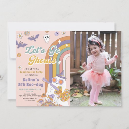 Laten we gaan Ghouls Groovy Halloween Ghost Verjaa Kaart (Voorkant)