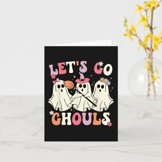 Laten we gaan Ghouls Halloween Ghost Costume Retro Kaart (Gele Bloem)