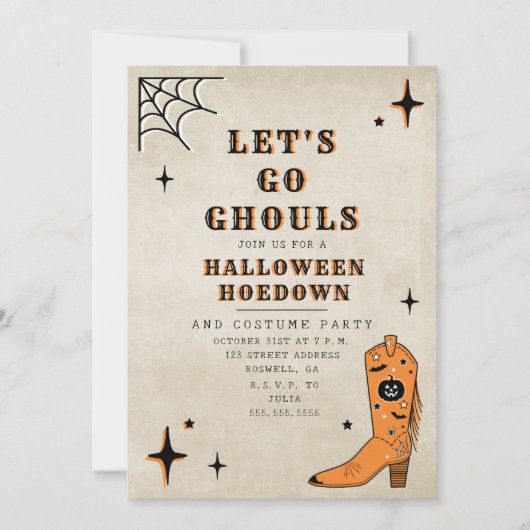 Laten we gaan Ghouls Halloween Party Cowboy Boot Kaart (Voorkant)