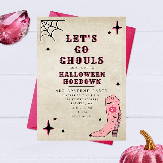 Laten we gaan Ghouls Halloween Party Pink Boot Kaart