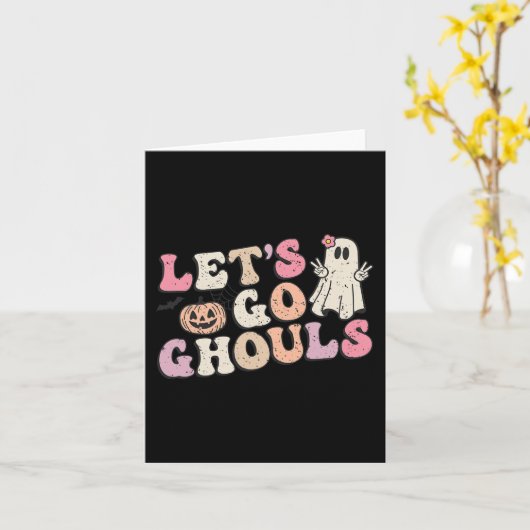Laten we gaan Ghouls Halloween Retro Ghost Pumpkin Kaart (Gele Bloem)