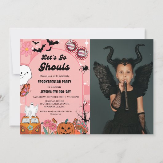 Laten we gaan Ghouls Halloween Retro Groovy Verjaa Kaart (Voorkant)