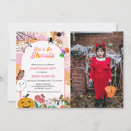 Laten we gaan Ghouls Halloween Retro Groovy Verjaa Kaart (Voorkant)