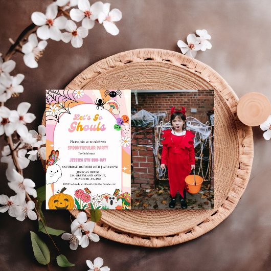 Laten we gaan Ghouls Halloween Retro Groovy Verjaa Kaart