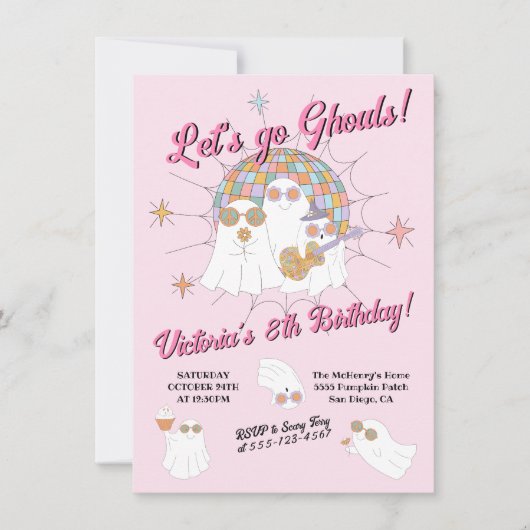 Laten we gaan Ghouls Hippie Disco Halloween Verjaa Kaart (Voorkant)