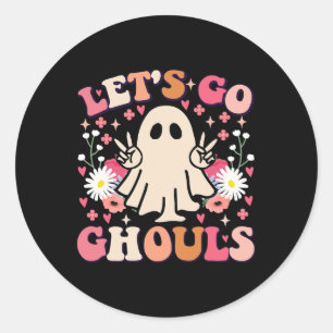 Laten we gaan Ghouls Retro Floral Ghost Groovy Hal Ronde Sticker