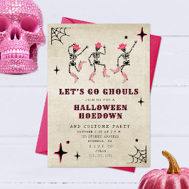 Laten we gaan Ghouls Skelet Pink Halloween Party Kaart