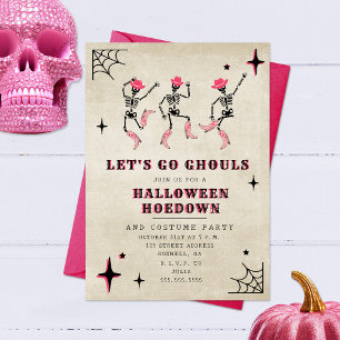 Laten we gaan Ghouls Skelet Pink Halloween Party Kaart