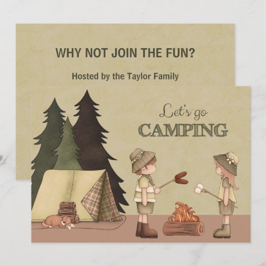 Laten we gaan kamperen - kampeerders, kampvuur, te kaart (Voorkant / Achterkant)