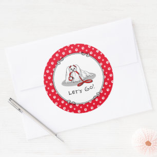 Laten we gaan! Maltese hond met rode spoel F Ronde Sticker