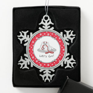 Laten we gaan! Maltese hond met rode spoel F Tin Sneeuwvlok Ornament