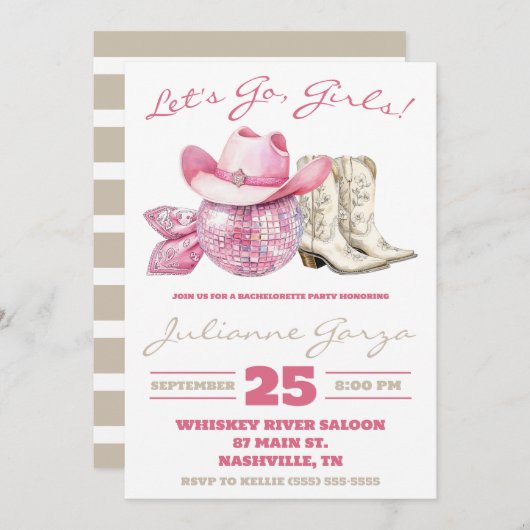 Laten we gaan, meiden! Roze Disco, Country Bachelo Kaart (Voorkant / Achterkant)