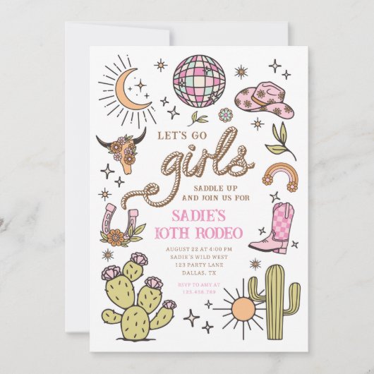 Laten we gaan Meisjes Rodeo Retro Disco Cowgirl Ve Kaart (Voorkant)