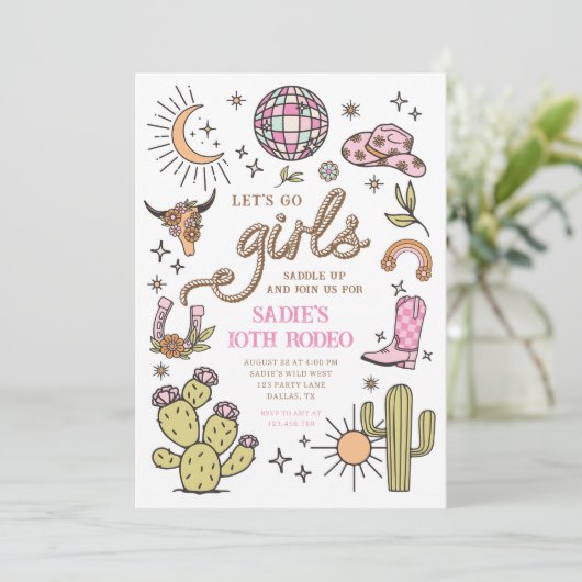 Laten we gaan Meisjes Rodeo Retro Disco Cowgirl Ve Kaart (Staand voorkant)