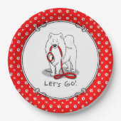 Laten we gaan! Samoyed w red leash Funny Papieren Bordje (Voorkant)