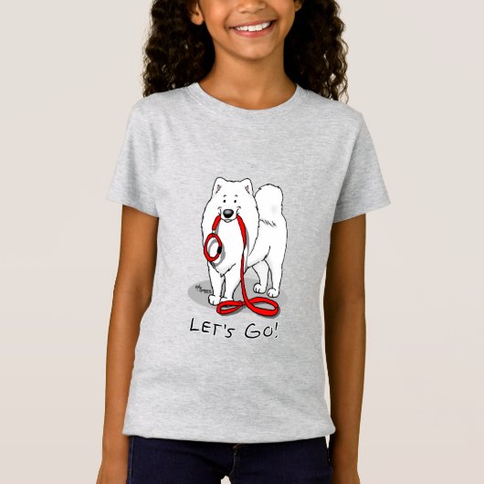 Laten we gaan! Samoyed w red leash Funny T-shirt (Voorkant)