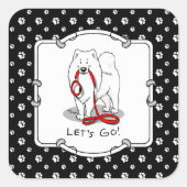 Laten we gaan! Samoyed w red leash Funny Vierkante Sticker (Voorkant)