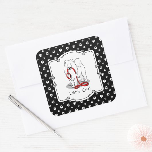 Laten we gaan! Samoyed w red leash Funny Vierkante Sticker (Envelop)