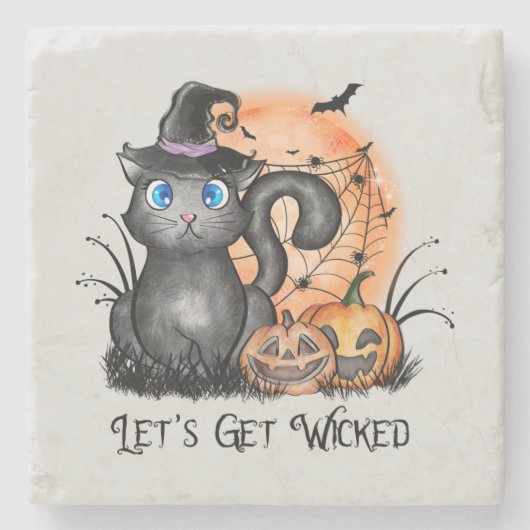 Laten we gaan schoppen | Zwarte heekkat Stenen Onderzetter (Voorkant)