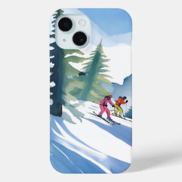 Laten we gaan skiën | Waterverf in de winter iPhone 15 Case