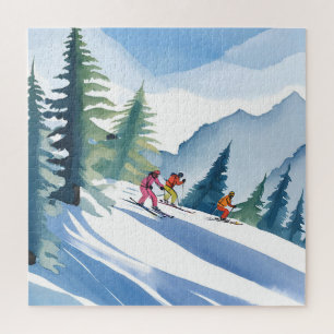 Laten we gaan skiën   Winter Watercolor Legpuzzel