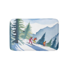 Laten we gaan skiën | Winter Watercolor Schilderij Badmat