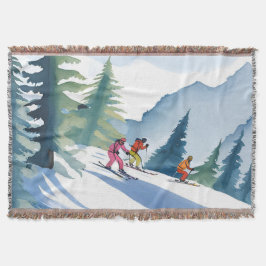 Laten we gaan skiën | Winter Watercolor Schilderij Deken